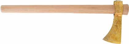 Iroquois Tomahawk,
2-7/8" edge, wax cast of real brass,
cast-in correct period floral engraving,
tapered 18" hickory handle,
made in the U.S.A.